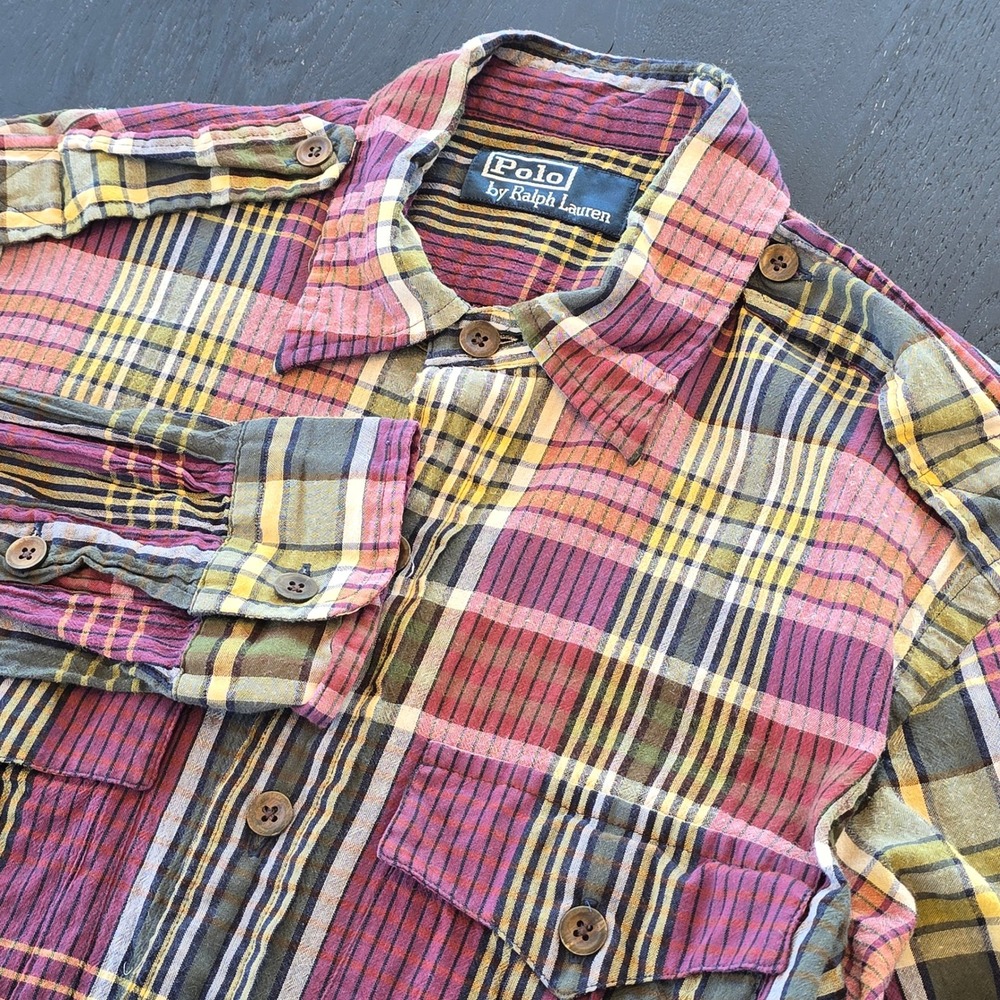 Polo Ralph Lauren Mens Small Plaid Button Down Shirt Epaulets Purple Yellow S